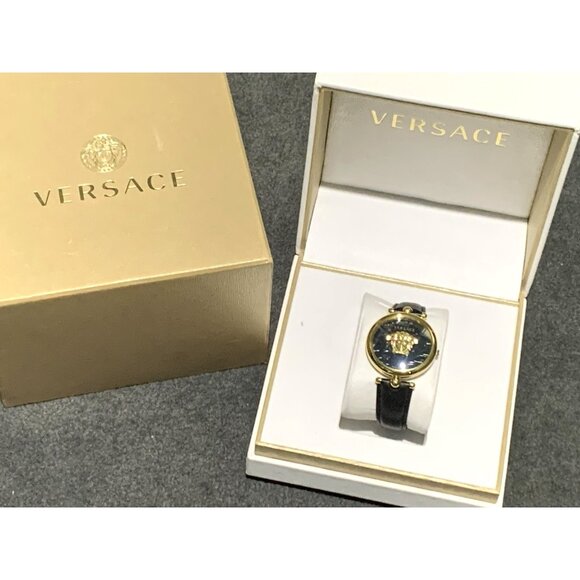 Versace Womens Watch VECO01420 Palazzo Swiss Quartz Gold Black Dial Leather Band - Picture 3 of 14